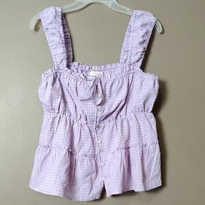 Rewind Purple/Pink Plaid Full Button Sleeveless Blouse Size L NWT